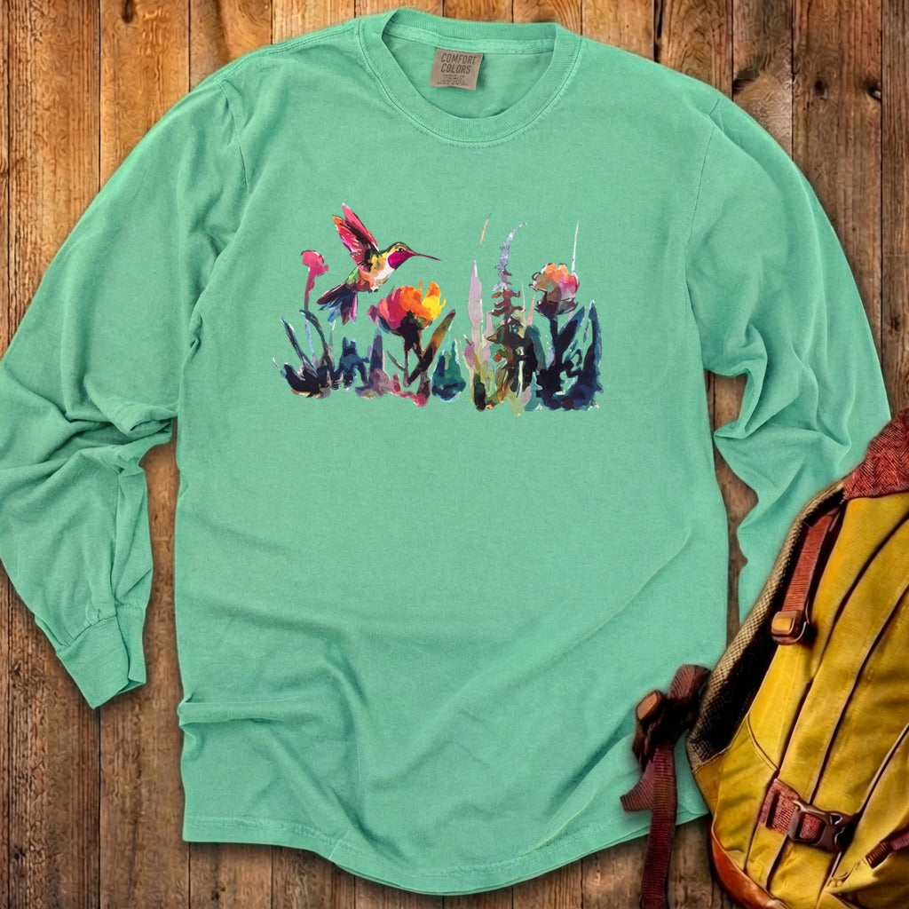 Watercolor Hummingbird with Flowers Cotton Long Sleeve