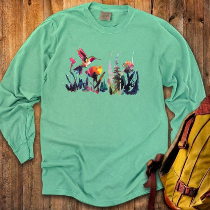 Watercolor Hummingbird with Flowers Cotton Long Sleeve