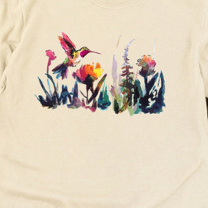 Watercolor Hummingbird with Flowers Cotton Long Sleeve