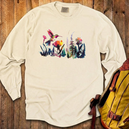 Watercolor Hummingbird with Flowers Cotton Long Sleeve
