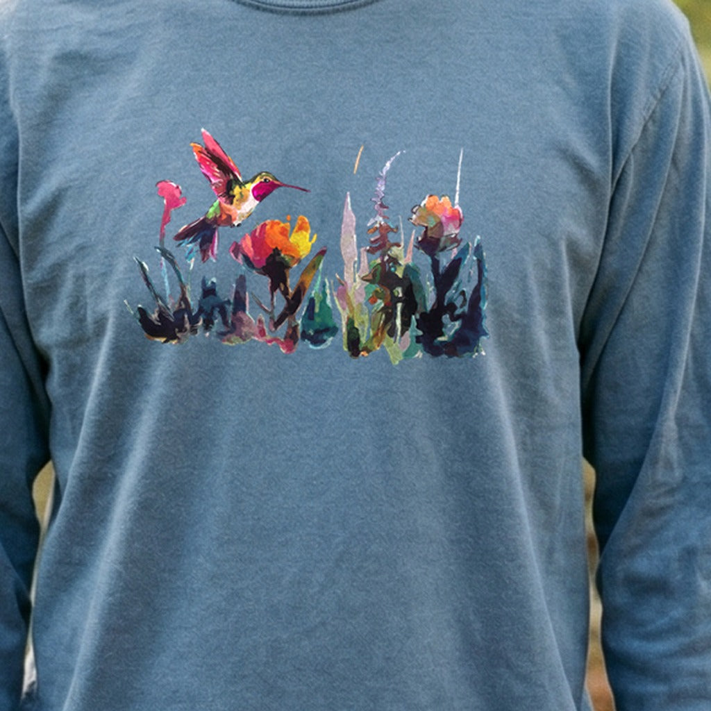 Watercolor Hummingbird with Flowers Cotton Long Sleeve