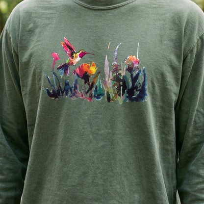 Watercolor Hummingbird with Flowers Cotton Long Sleeve