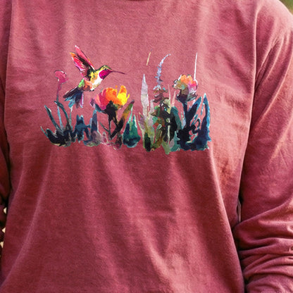 Watercolor Hummingbird with Flowers Cotton Long Sleeve
