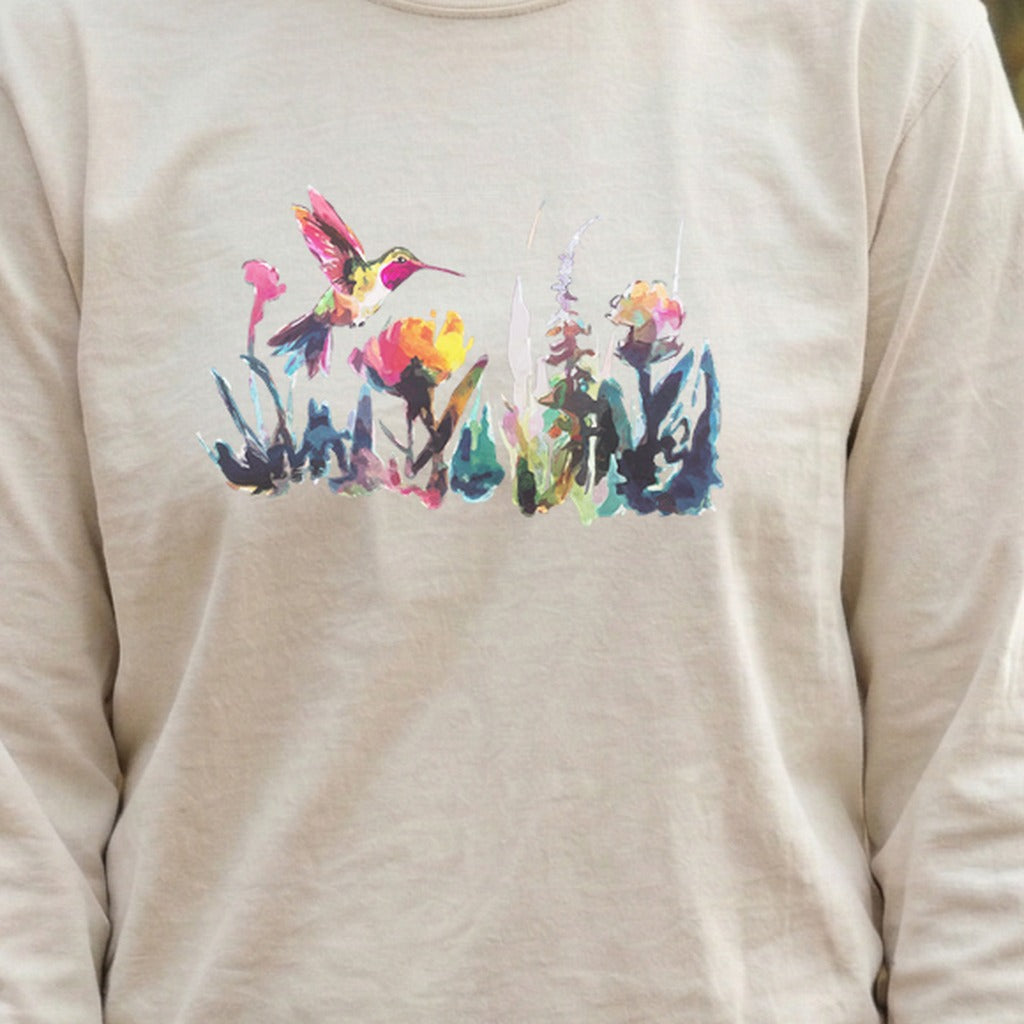 Watercolor Hummingbird with Flowers Cotton Long Sleeve