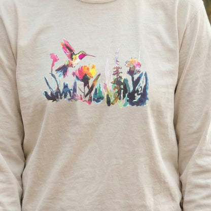 Watercolor Hummingbird with Flowers Cotton Long Sleeve