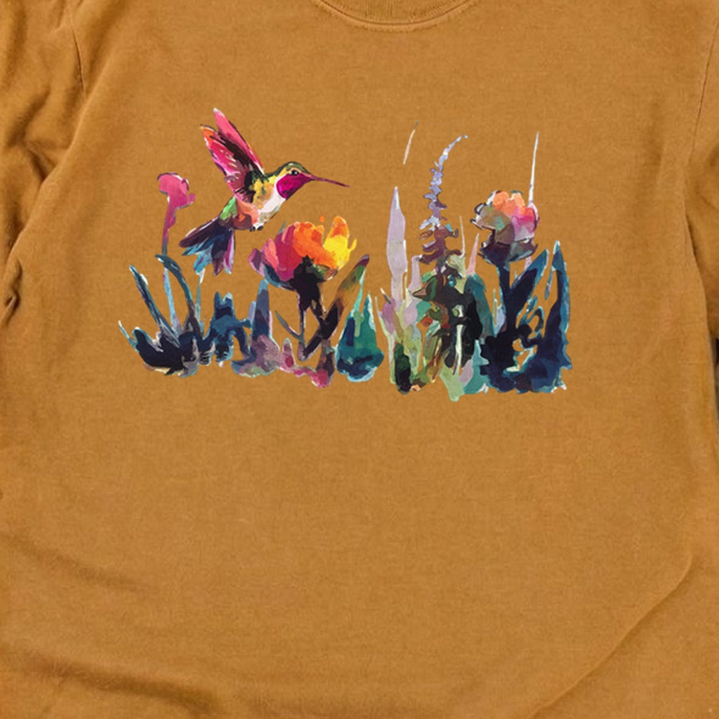 Watercolor Hummingbird with Flowers Cotton Long Sleeve