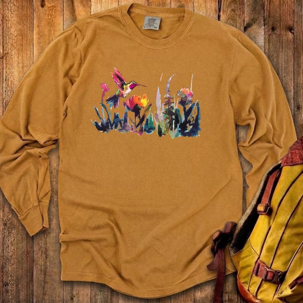 Watercolor Hummingbird with Flowers Cotton Long Sleeve