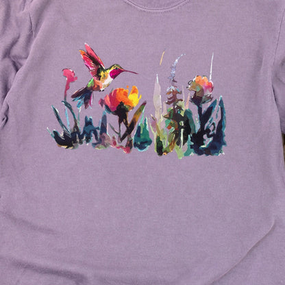 Watercolor Hummingbird with Flowers Cotton Long Sleeve