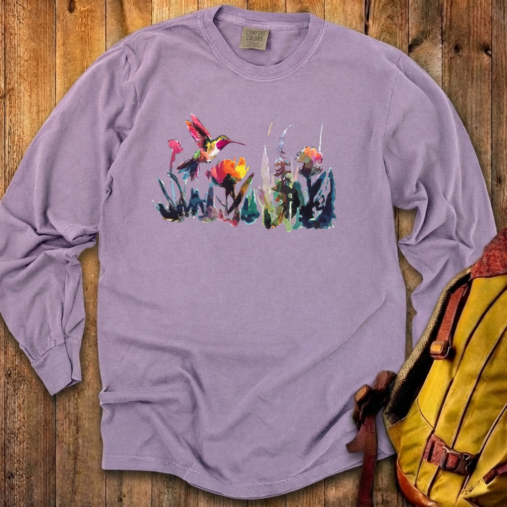 Watercolor Hummingbird with Flowers Cotton Long Sleeve