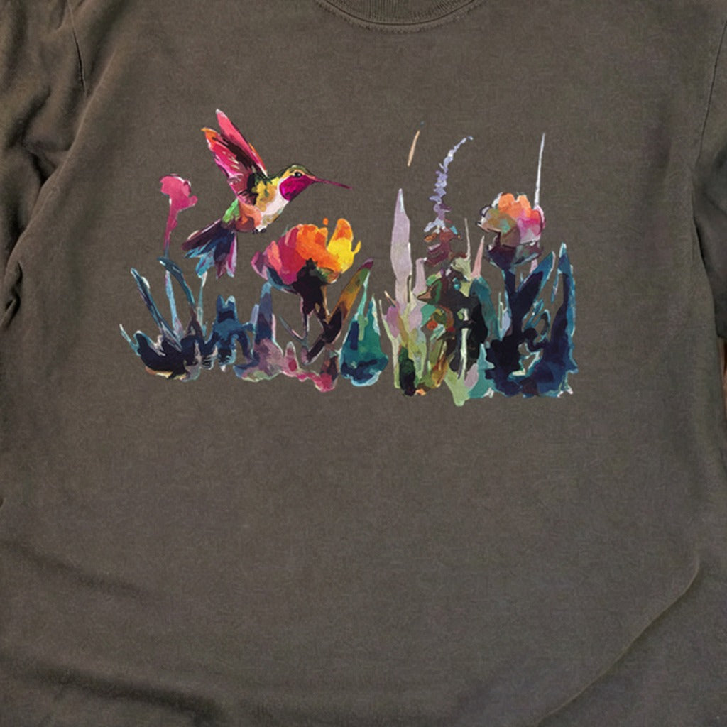 Watercolor Hummingbird with Flowers Cotton Long Sleeve