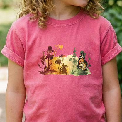 Watercolor Monarch Meadow Kids Cotton T-Shirt