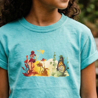 Watercolor Monarch Meadow Kids Cotton T-Shirt