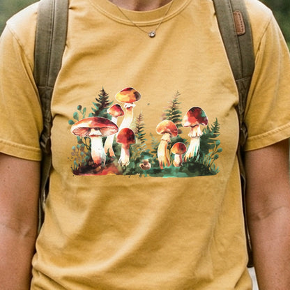 Watercolor Mushroom Patch Cotton T-Shirt