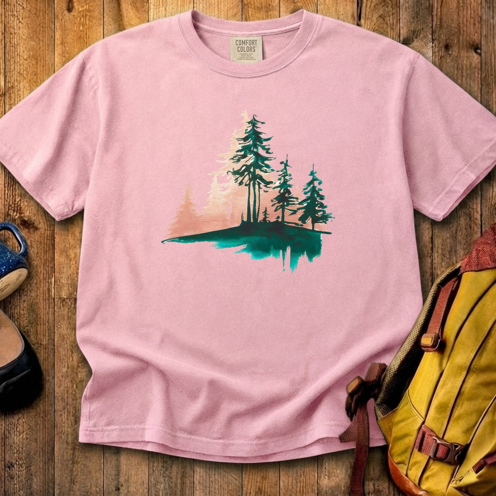 Watercolor Pine Tree Sunrise Cotton T-Shirt