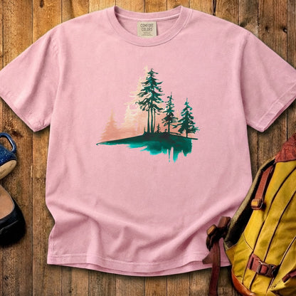 Watercolor Pine Tree Sunrise Cotton T-Shirt