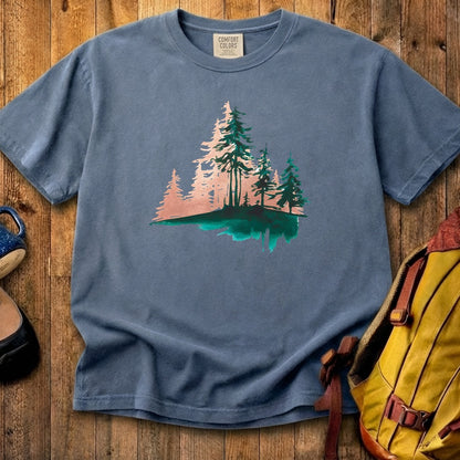 Watercolor Pine Tree Sunrise Cotton T-Shirt