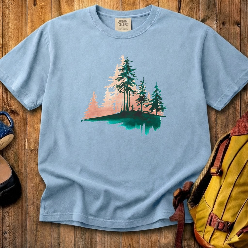Watercolor Pine Tree Sunrise Cotton T-Shirt