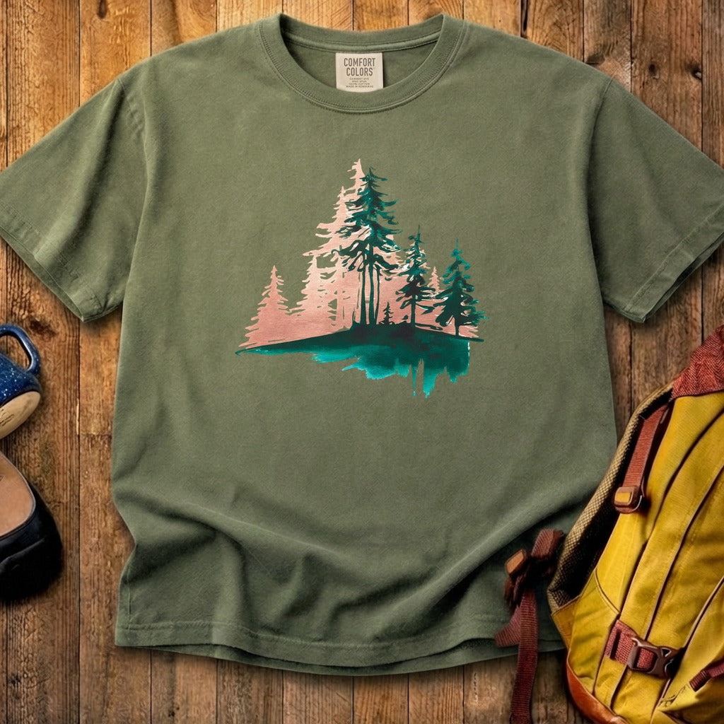 Watercolor Pine Tree Sunrise Cotton T-Shirt