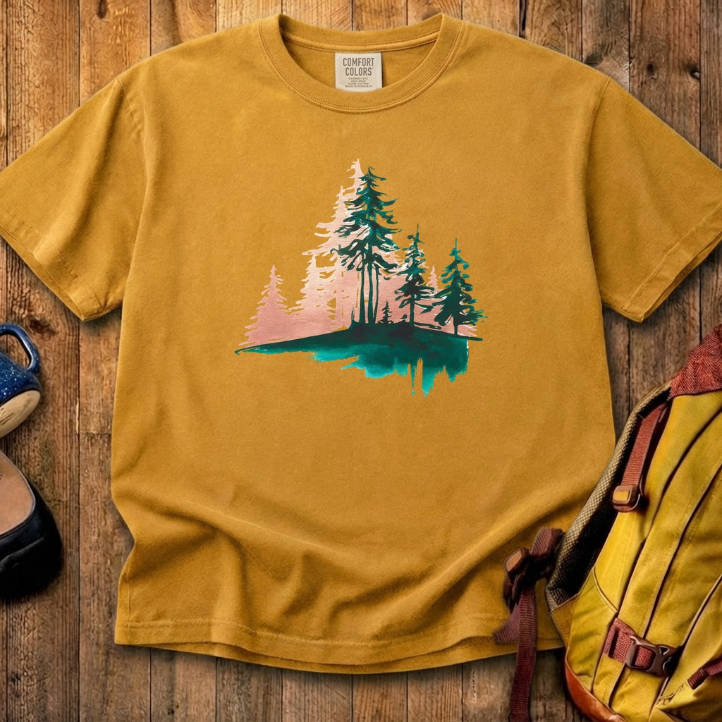 Watercolor Pine Tree Sunrise Cotton T-Shirt