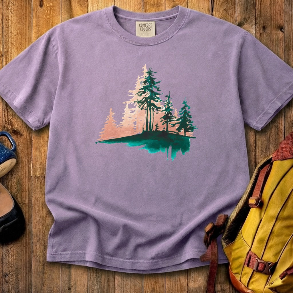 Watercolor Pine Tree Sunrise Cotton T-Shirt