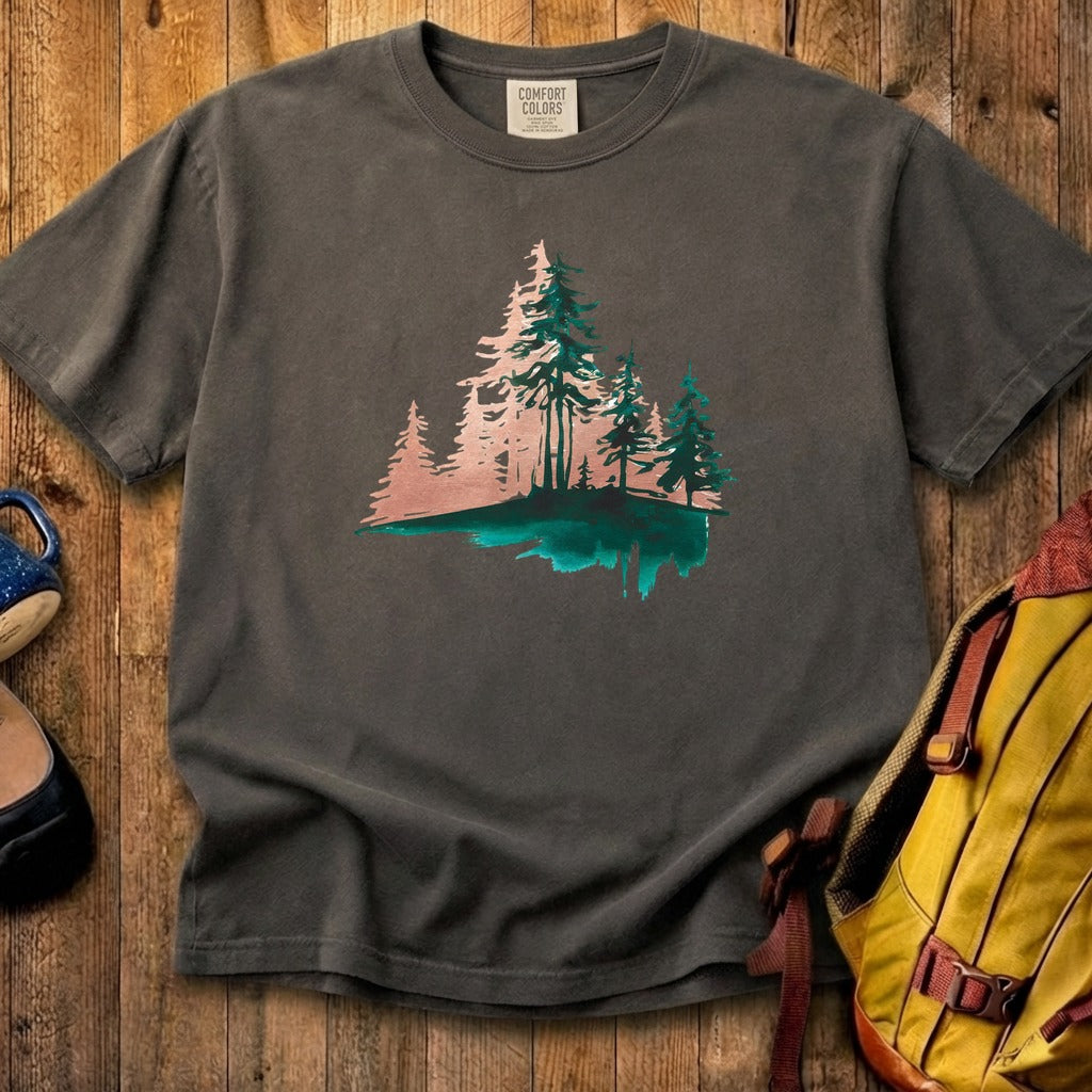 Watercolor Pine Tree Sunrise Cotton T-Shirt