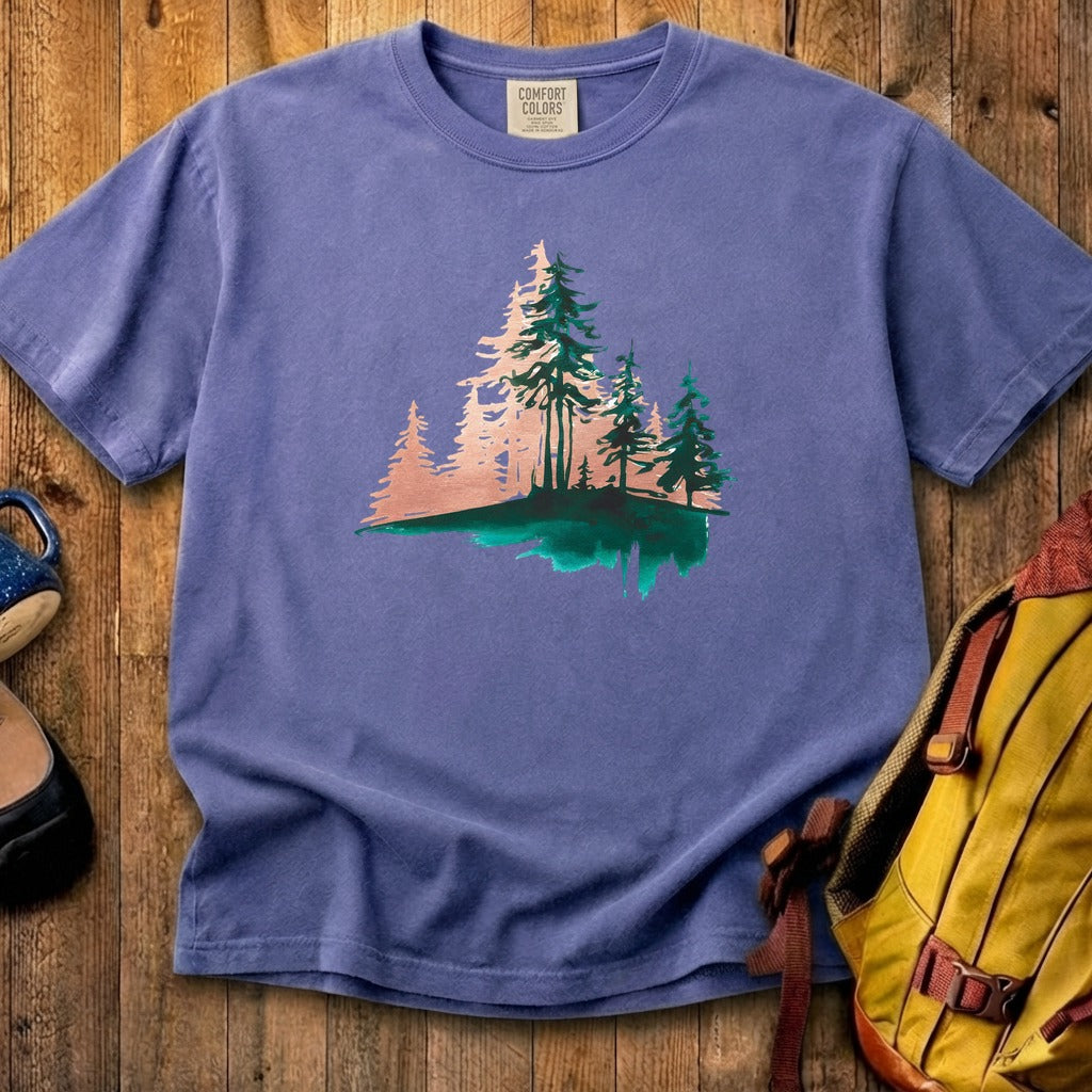 Watercolor Pine Tree Sunrise Cotton T-Shirt