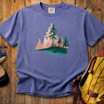 Watercolor Pine Tree Sunrise Cotton T-Shirt
