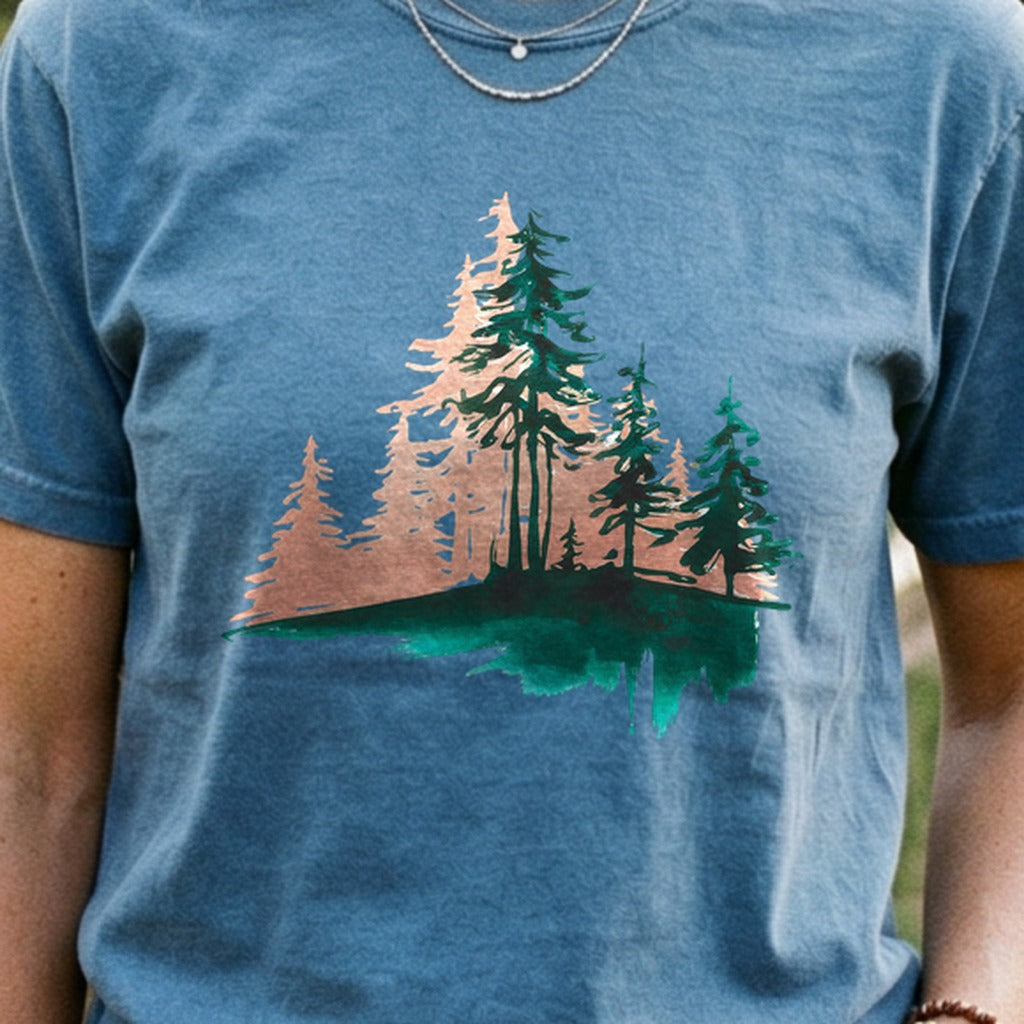Watercolor Pine Tree Sunrise Cotton T-Shirt