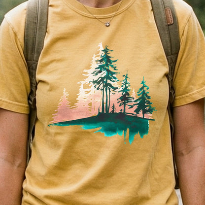 Watercolor Pine Tree Sunrise Cotton T-Shirt