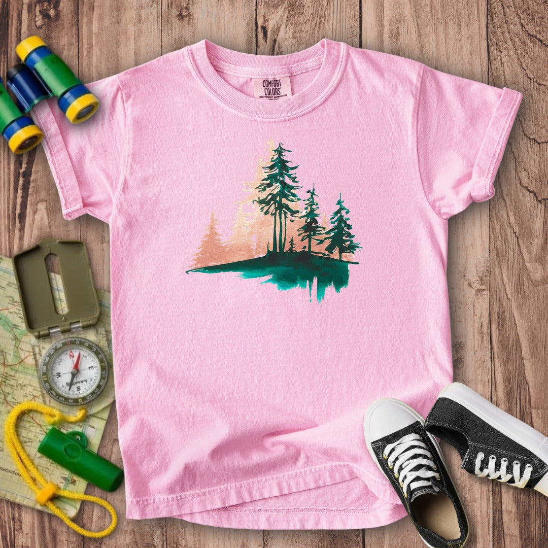 Watercolor Pine Tree Sunrise Kids Cotton T-Shirt