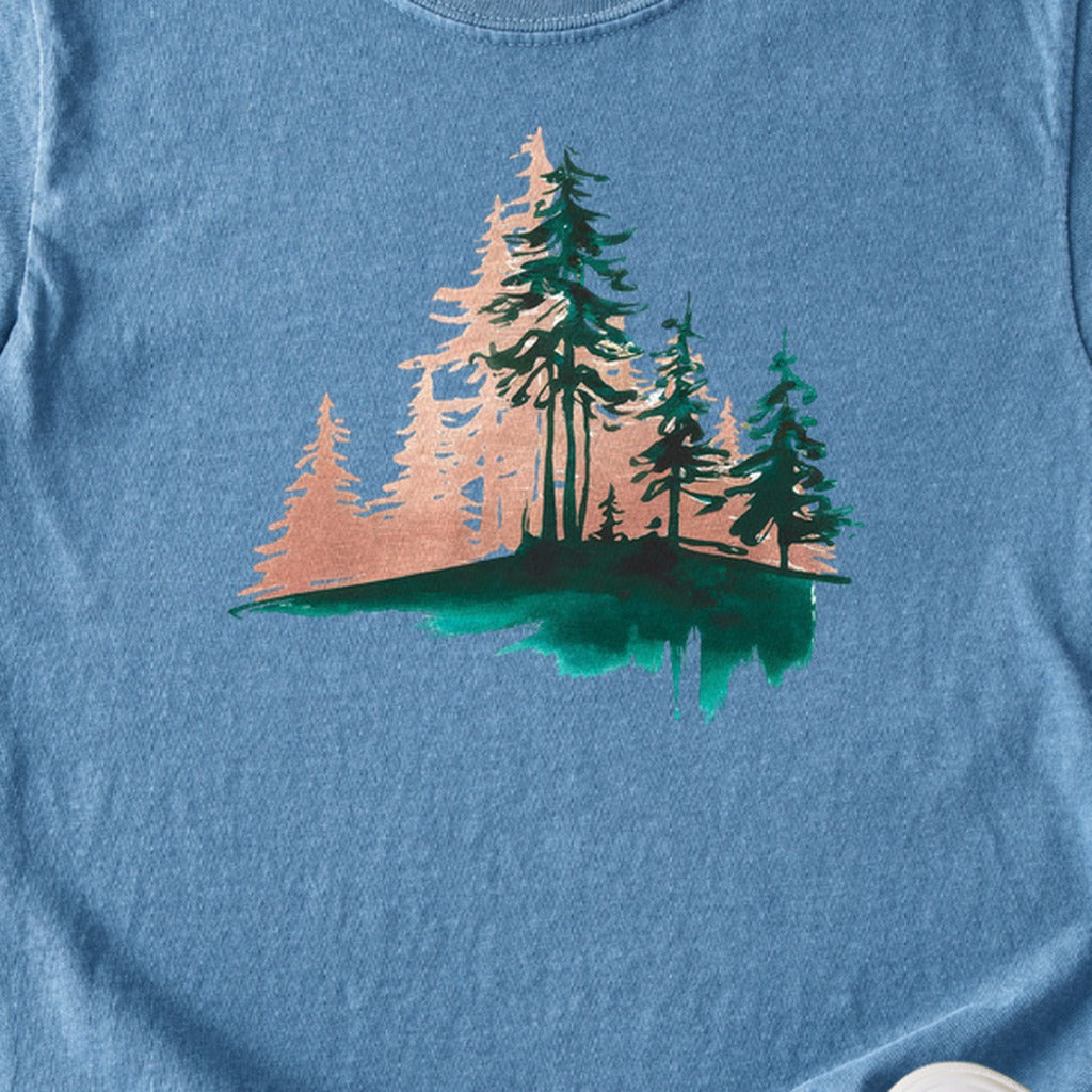 Watercolor Pine Tree Sunrise Kids Cotton T-Shirt