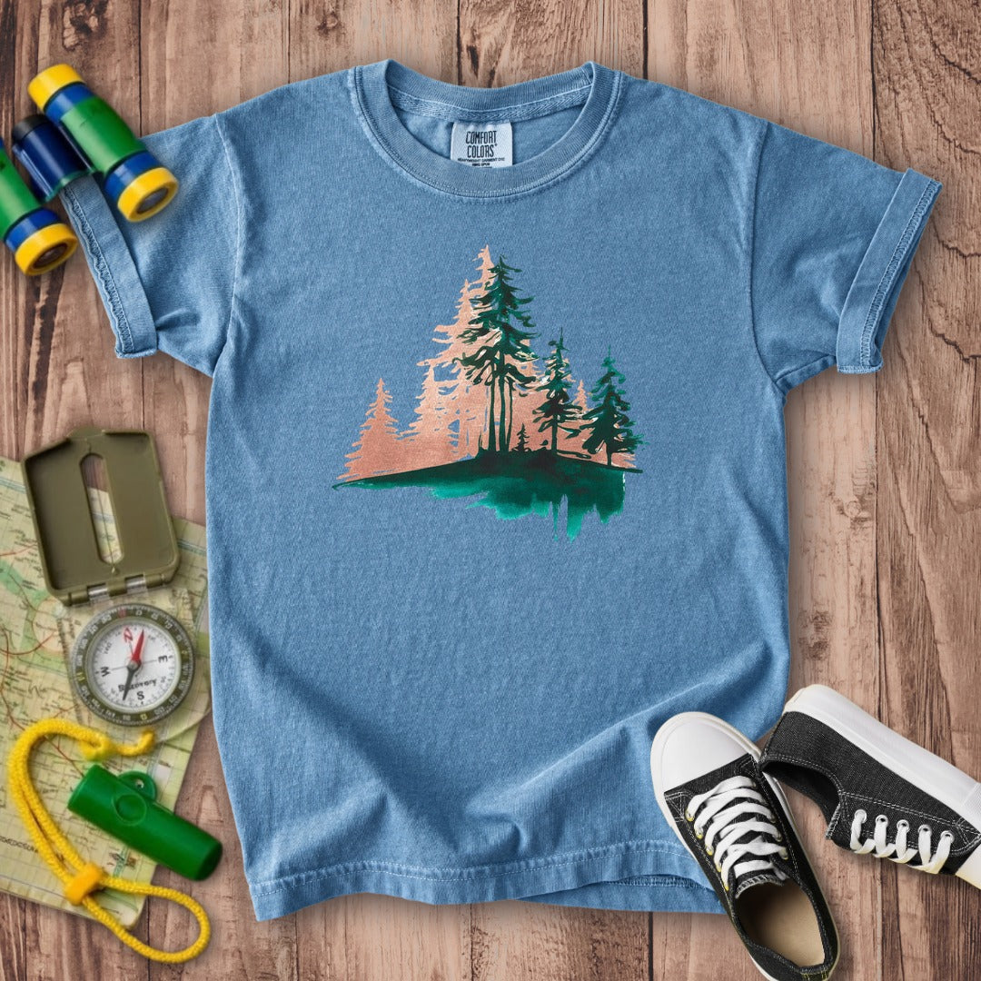 Watercolor Pine Tree Sunrise Kids Cotton T-Shirt
