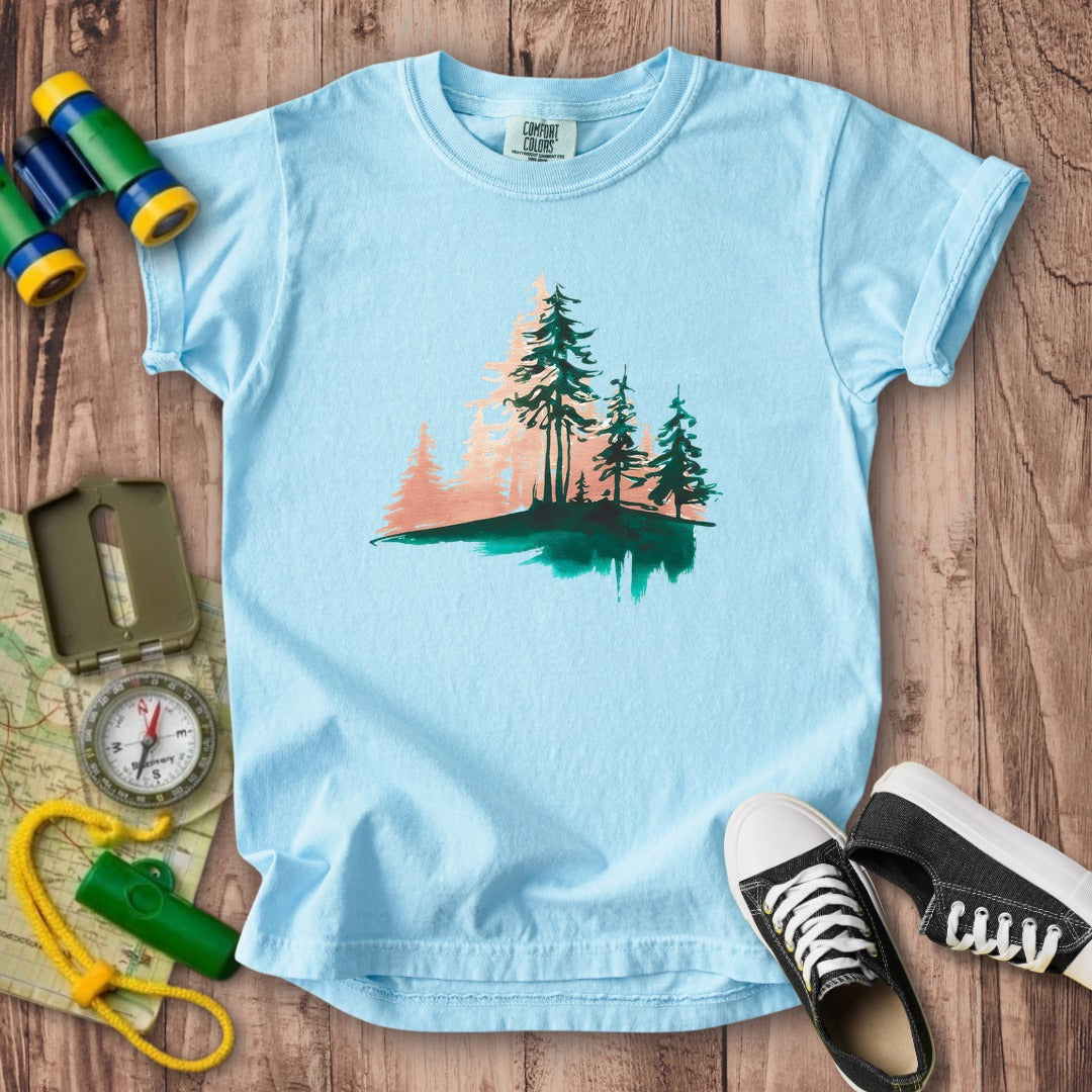 Watercolor Pine Tree Sunrise Kids Cotton T-Shirt