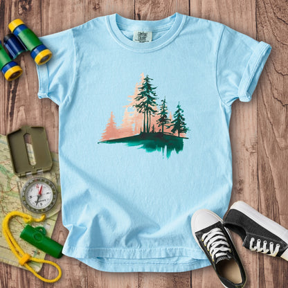 Watercolor Pine Tree Sunrise Kids Cotton T-Shirt