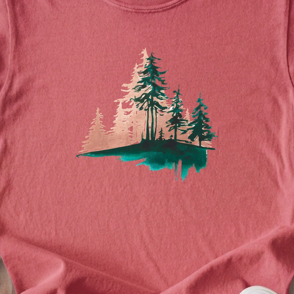 Watercolor Pine Tree Sunrise Kids Cotton T-Shirt