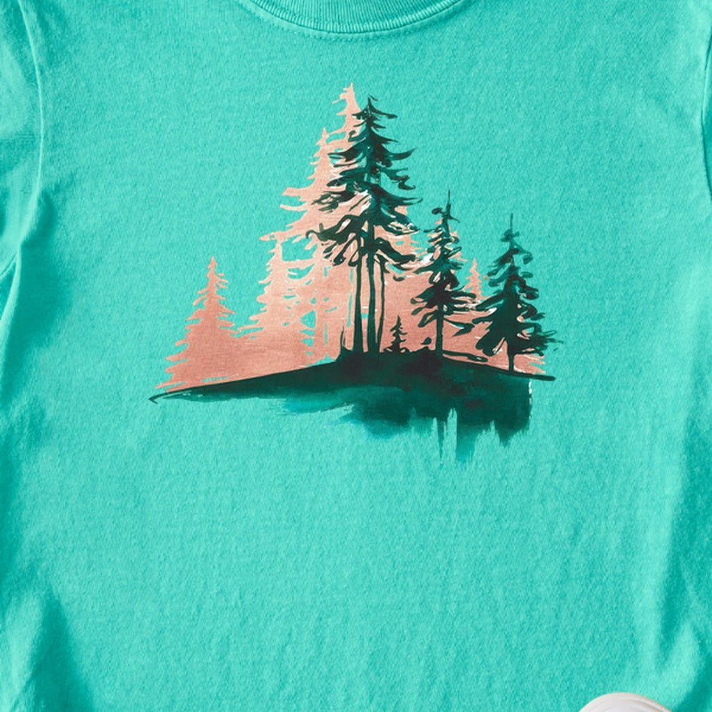 Watercolor Pine Tree Sunrise Kids Cotton T-Shirt