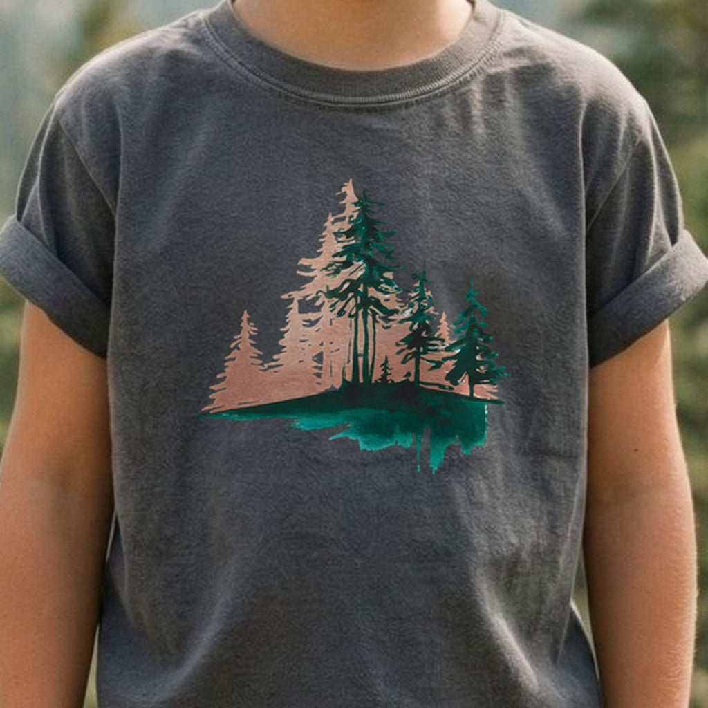 Watercolor Pine Tree Sunrise Kids Cotton T-Shirt