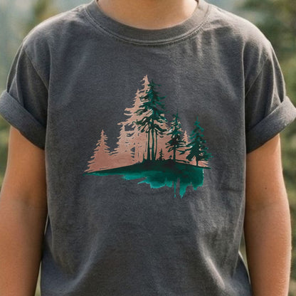 Watercolor Pine Tree Sunrise Kids Cotton T-Shirt