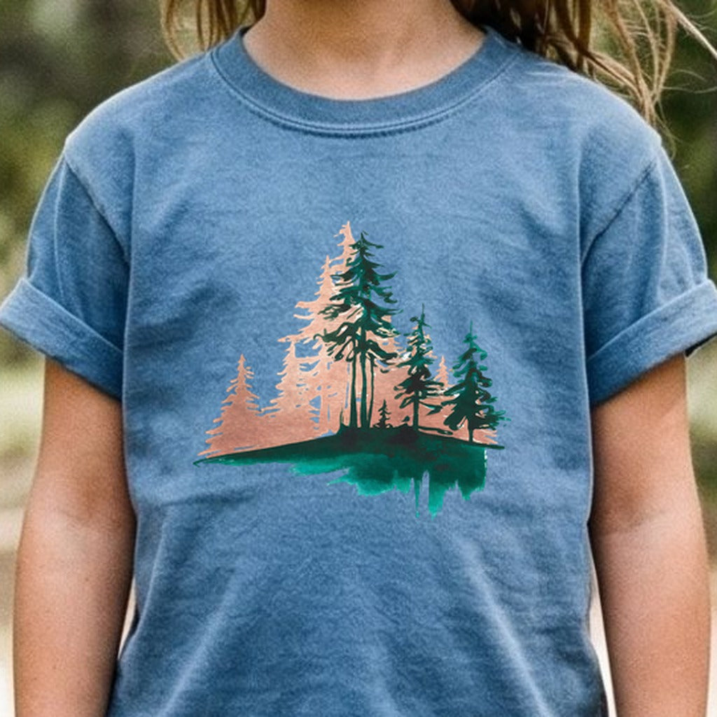 Watercolor Pine Tree Sunrise Kids Cotton T-Shirt