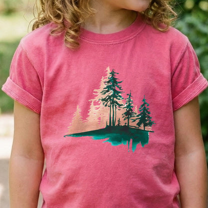 Watercolor Pine Tree Sunrise Kids Cotton T-Shirt