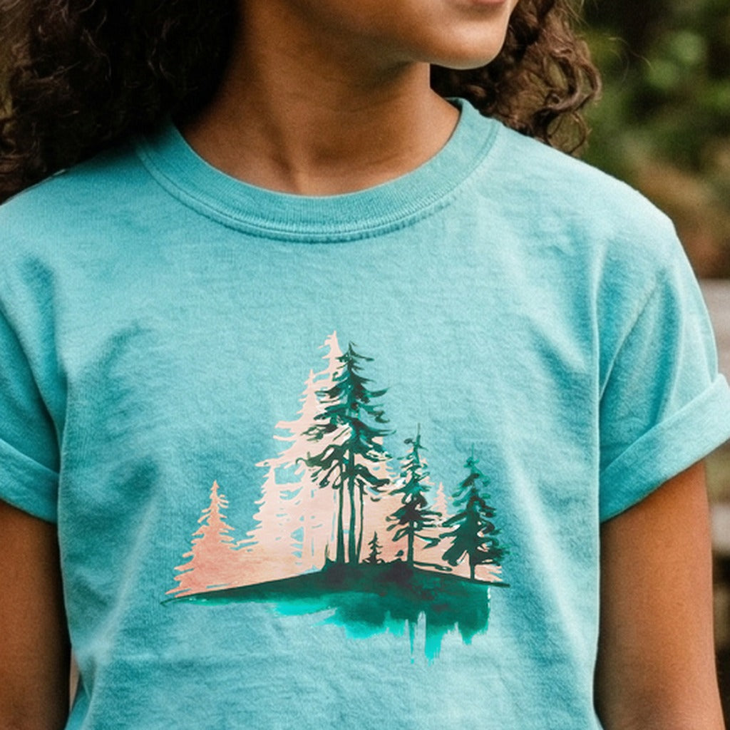 Watercolor Pine Tree Sunrise Kids Cotton T-Shirt
