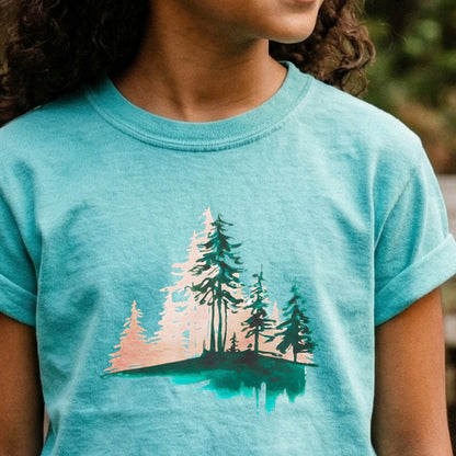 Watercolor Pine Tree Sunrise Kids Cotton T-Shirt