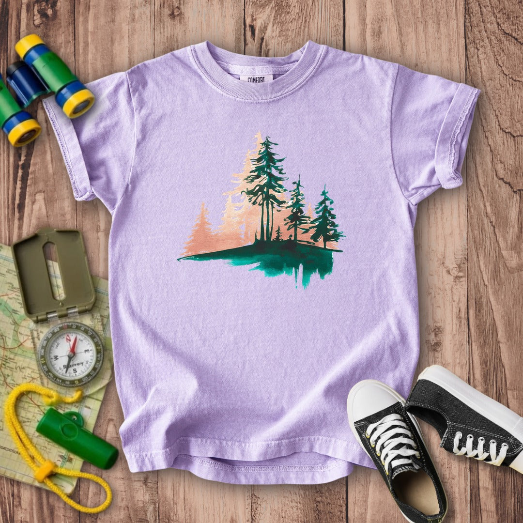 Watercolor Pine Tree Sunrise Kids Cotton T-Shirt