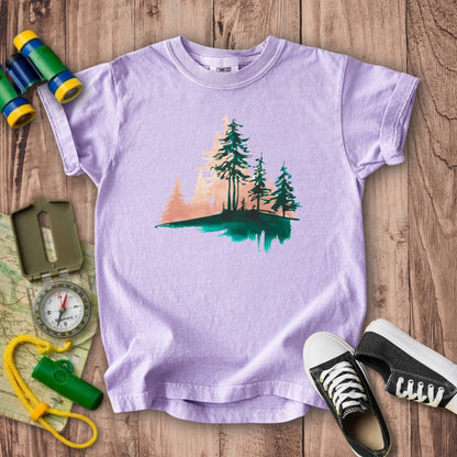 Watercolor Pine Tree Sunrise Kids Cotton T-Shirt