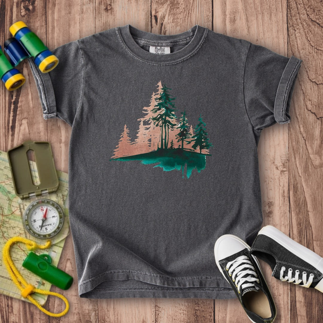 Watercolor Pine Tree Sunrise Kids Cotton T-Shirt