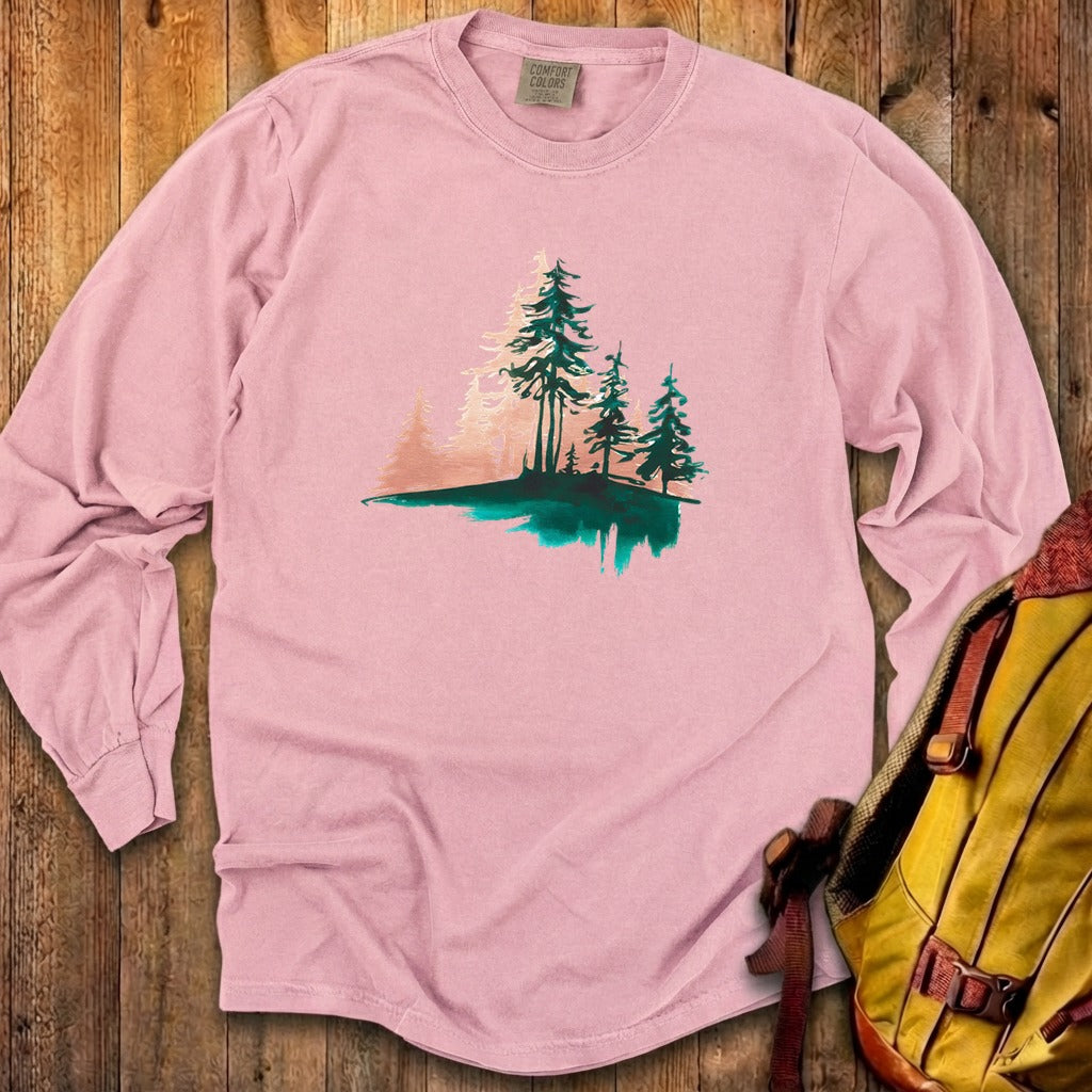 Watercolor Pine Tree Sunrise Cotton Long Sleeve