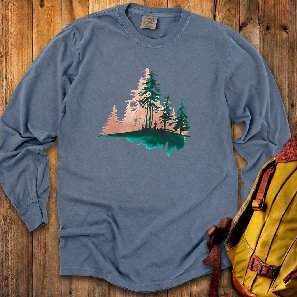 Watercolor Pine Tree Sunrise Cotton Long Sleeve