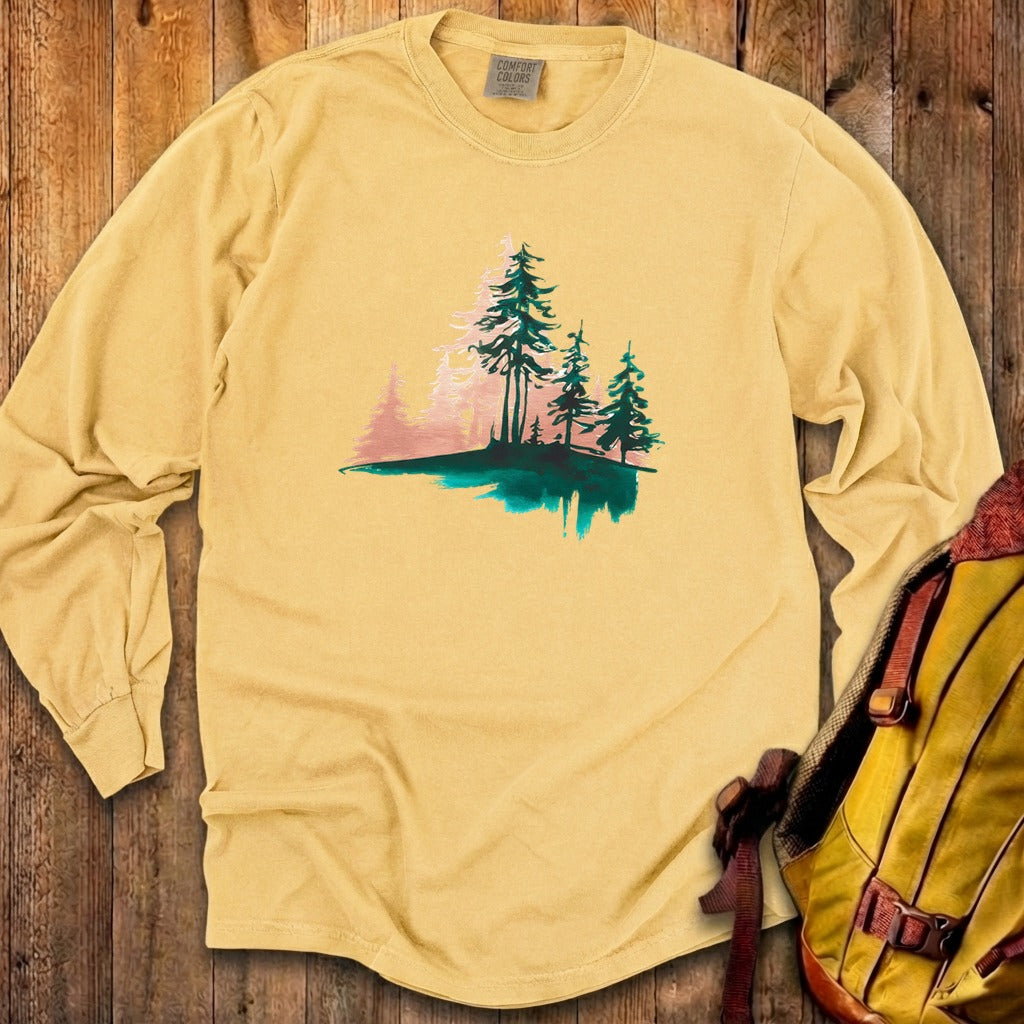 Watercolor Pine Tree Sunrise Cotton Long Sleeve