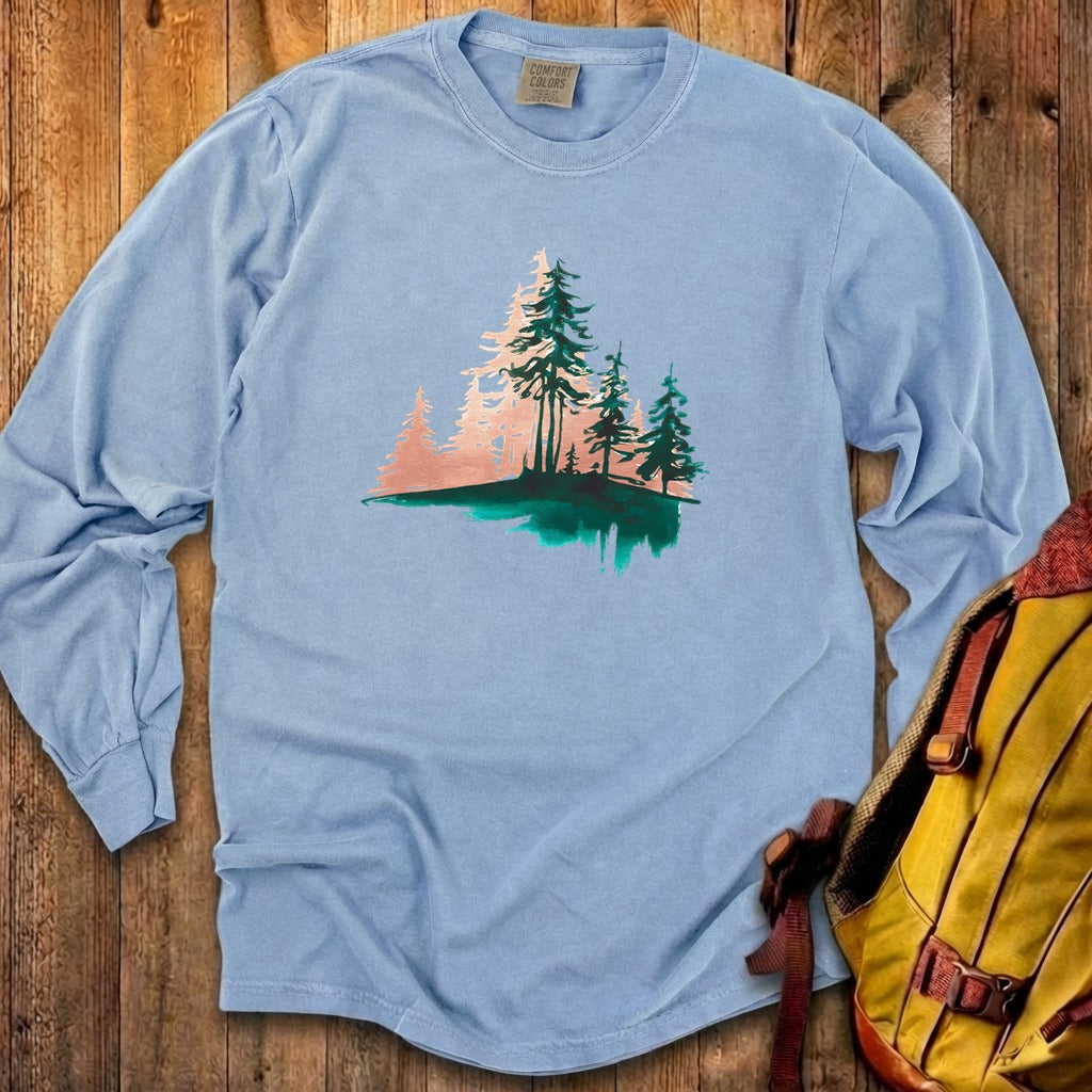 Watercolor Pine Tree Sunrise Cotton Long Sleeve