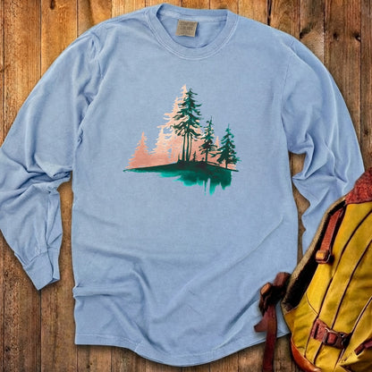 Watercolor Pine Tree Sunrise Cotton Long Sleeve